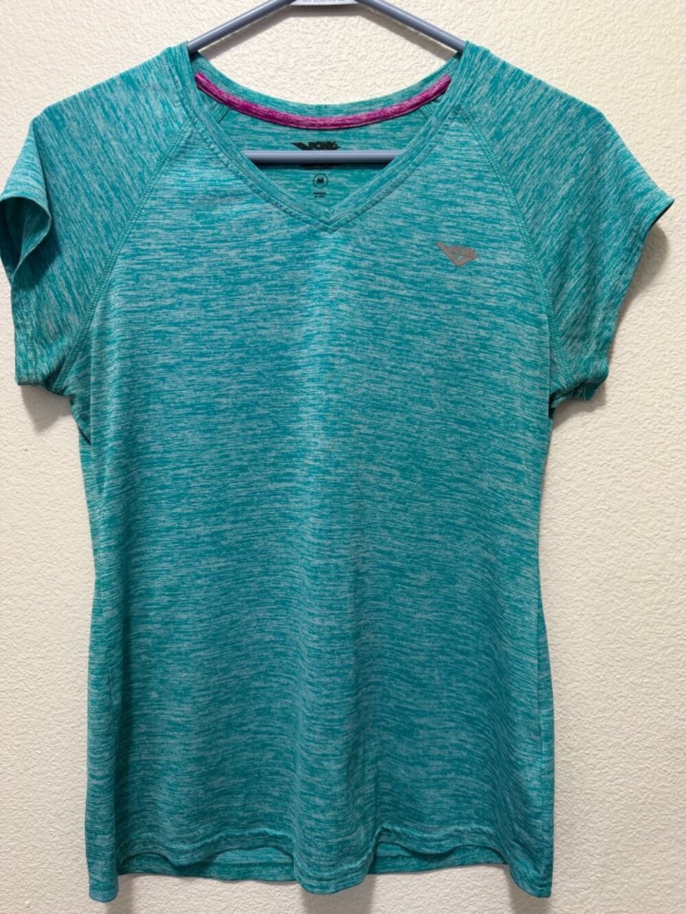 Pony teal short sleeve v-neck athletic shirt, woman's Medium